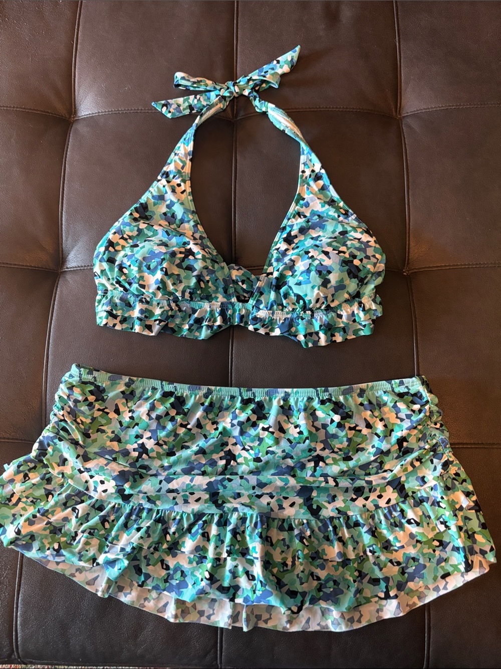 Kenneth Cole Blue Green Floral Halter Bikini with Skirt